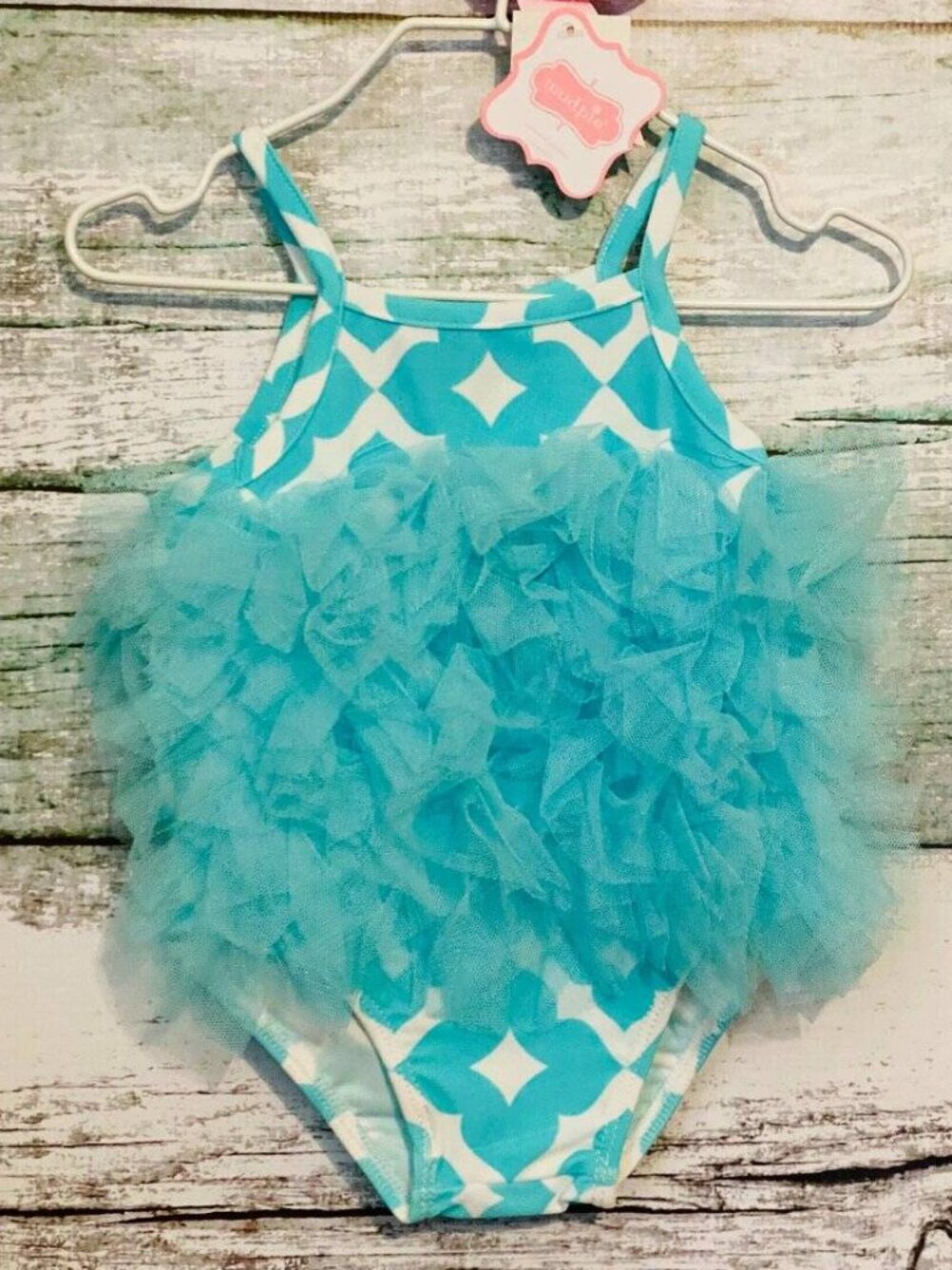 Mud Pie Under the Sea Turquoise Geo Print Mesh Ruffle Swimsuit 0-6 Months